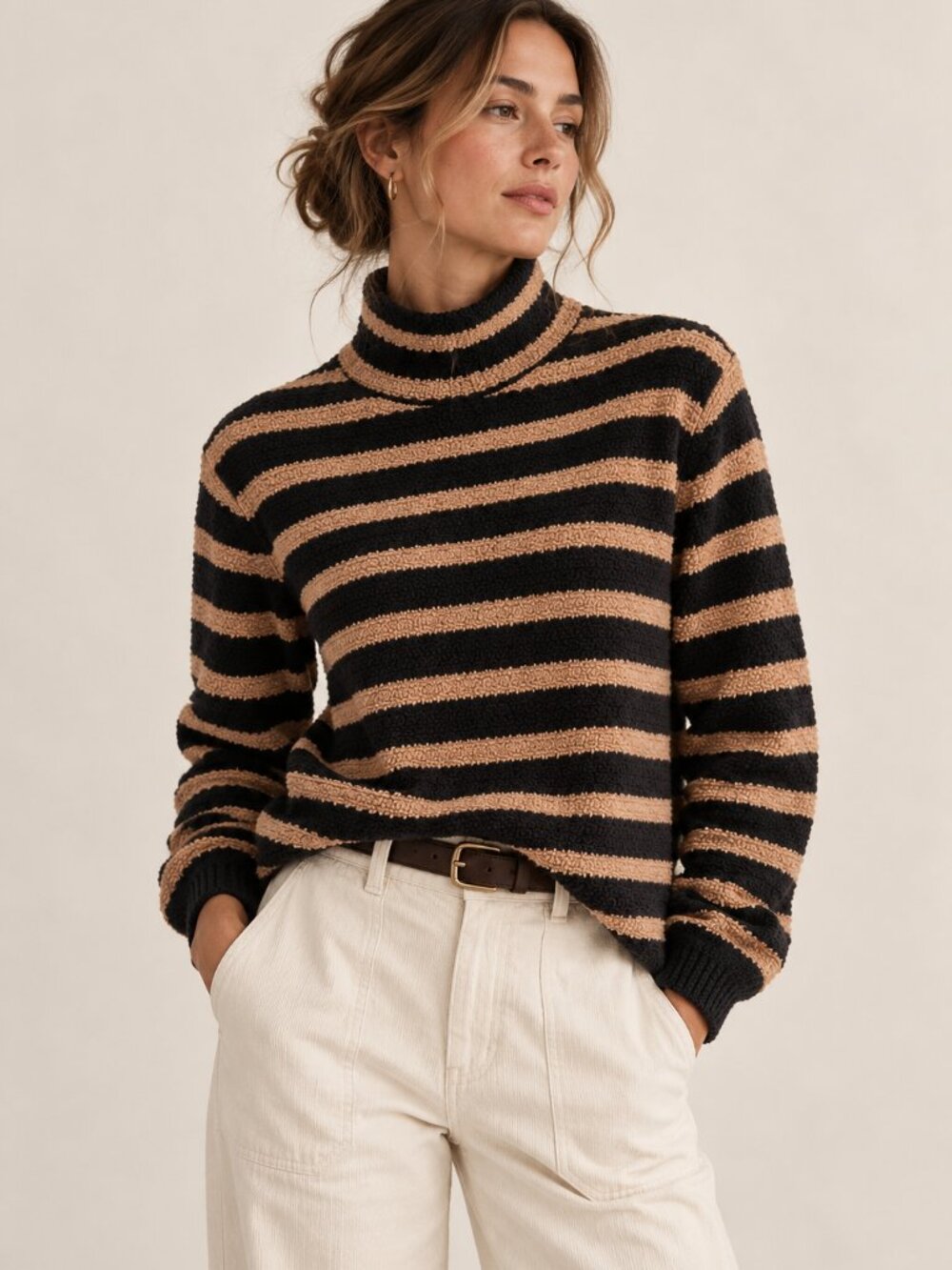 J.Crew Black Camel Striped Textured Cotton Turtleneck Mock Neck Sweater M